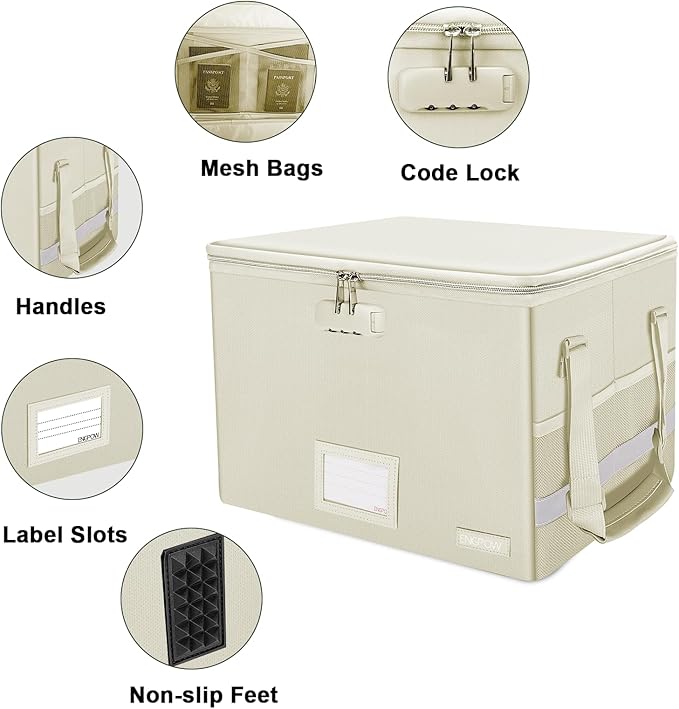 ENGPOW File Box with Lock,Fireproof Document Box with Zipper Lid,Collapsible File Storage Organizer Filing Cabinet with Handles,Portable Home Office Safe for Hanging Letter/Legal Folders,Beige,2 Pack-DeskLoop Office
