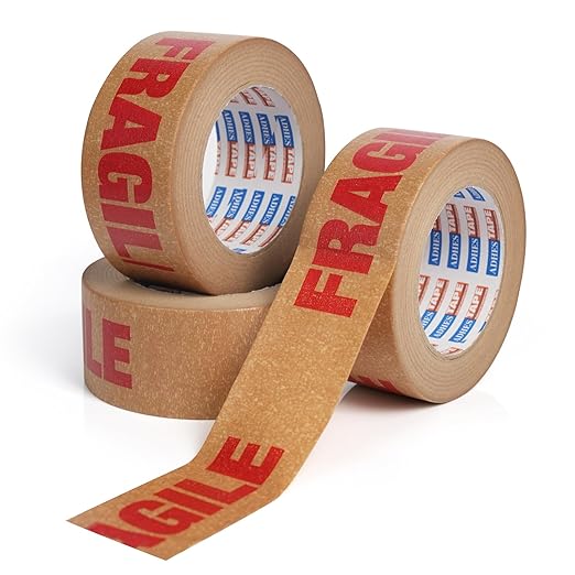 ADHES Fragile Tape, Biodegradable Kraft Paper Tape - 2in x 55yds, 3 Rolls, Strong Adhesive, Eco-Friendly Paper Packing Tape for Shipping & Moving, Heavy Duty Protection for Fragile Items-DeskLoop Office
