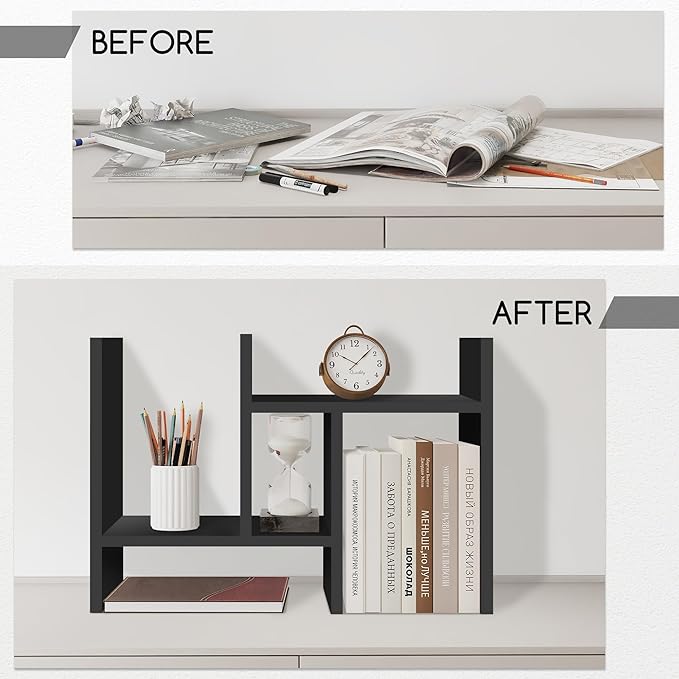 Jerry & Maggie Desktop Organizer Office Storage Rack Adjustable Wood Display Shelf Free Style Double H, Multi-Functional Mini Bookshelf for Desk Natural Stand (Black)-DeskLoop Office
