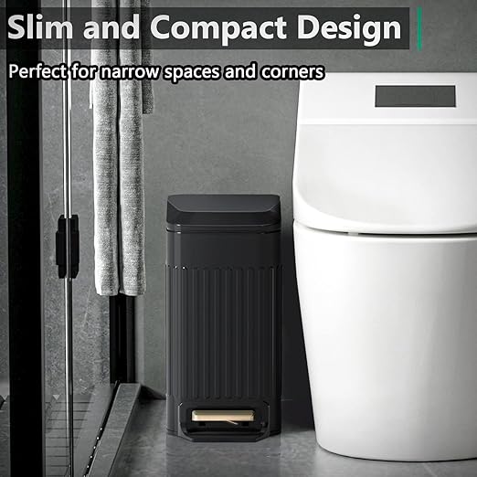 Small Bathroom Trash Can with Lid Soft Close-6L/1.6 Gal Slim Step Garbage Can-Metal Pedal Wastebasket-Narrow Rectangle Garbage Container Bin for Corner Office, Bedroom, Toilet, Live Room-Black-DeskLoop Office