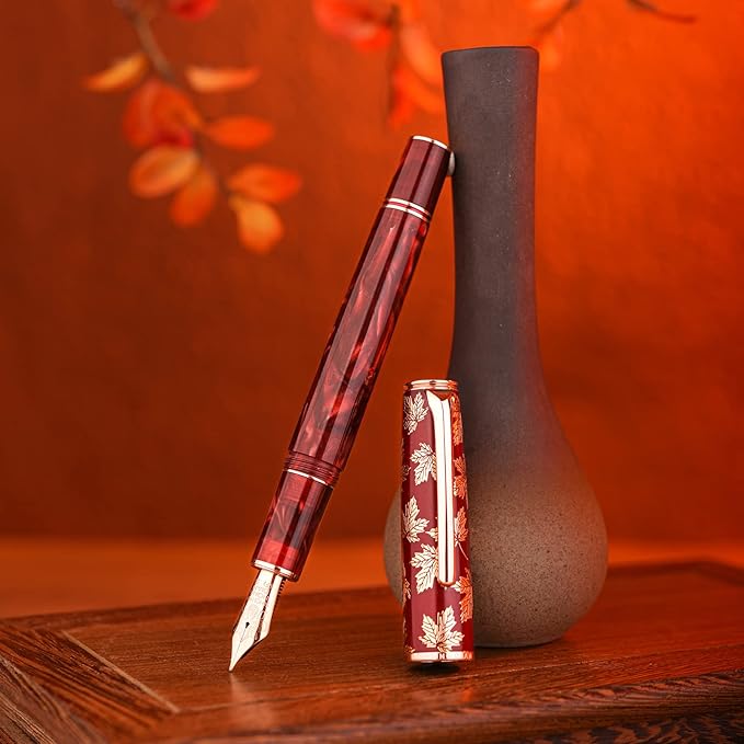 Hongdian N8 Fountan Pen, Iridium Fine Nib, Rose Gold Trim Maple Leaf Carving Cap Red Acrylic Resin, Smooth Writing Pen with Converter and Metal Pen Box Set-DeskLoop Office