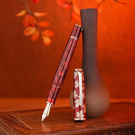 Hongdian N8 Red Acrylic Resin Fountain Pen, Iridium Extra Fine Nib Rose Gold Trim Maple Leaf Carving Cap, Smooth Writing Pen with Converter and Metal Pen Box Set-DeskLoop Office