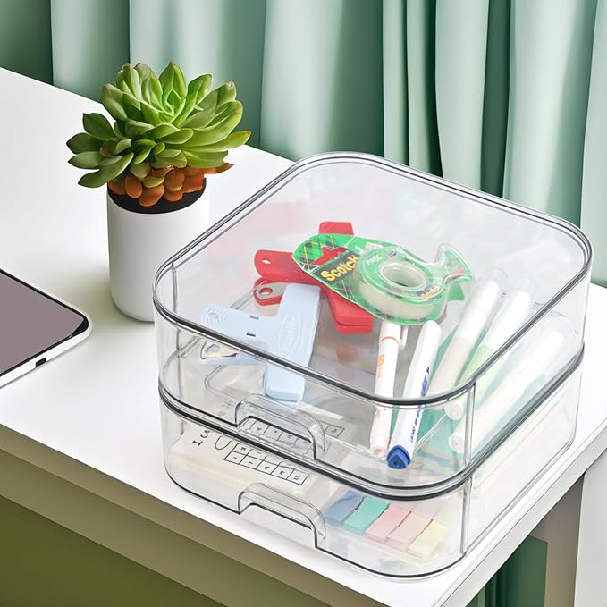 Set of 2 Stackable Storage Drawers - 7.8" Clear Plastic Drawer Storage, Acrylic Makeup Organizer, Desk Counter Cabinet Office Organizer, Bathroom Organizers and Storage (Square/Set of 2)-DeskLoop Office
