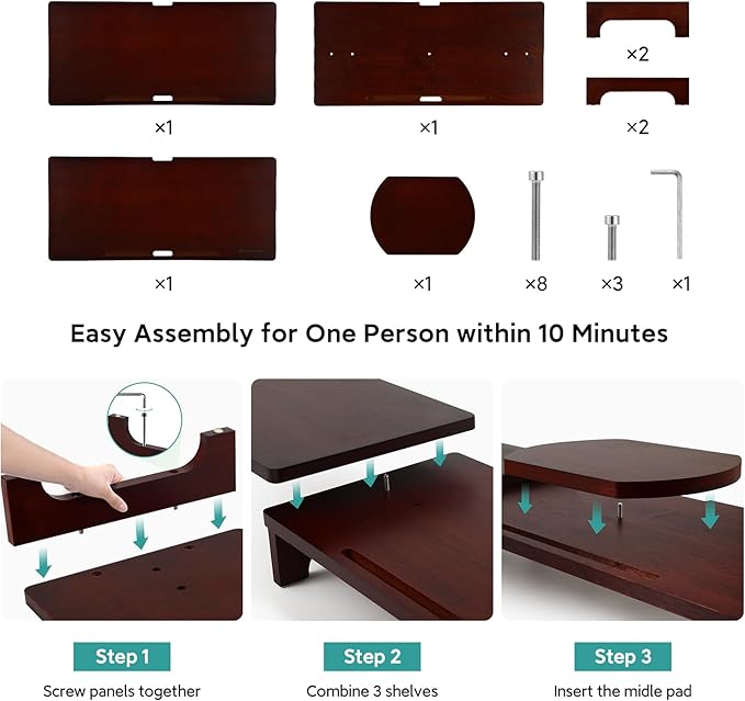 Nnewvante Large Dual Monitor Stand Riser, 60 inch Bamboo Monitor Stand with Adjustable Length and Angle, 3 Shelves Desktop Screen Riser for Computer Laptop PC, Walnut-DeskLoop Office