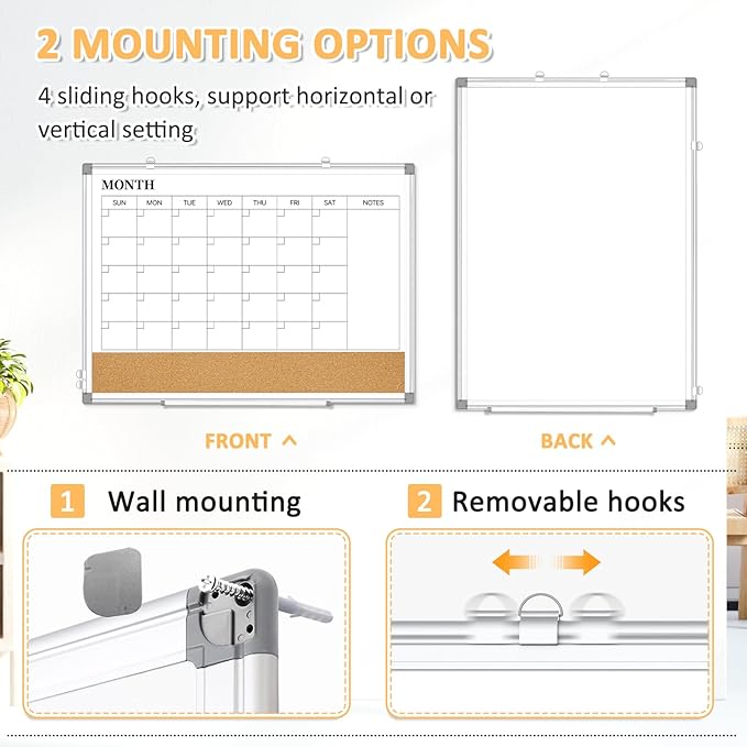 Dry Erase Calendar Whiteboard for Wall, 24"x18" Magnetic Monthly White Board Cork Board Combo, Double Sided, Aluminum Frame, Wall Hanging Wipe Board for Home, Office, School, Dorm-DeskLoop Office