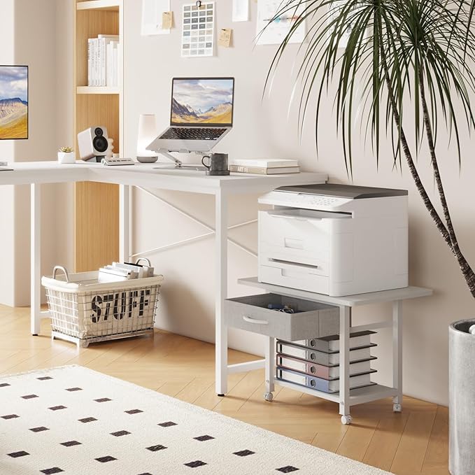 22"x15" Large Printer Stand with Storage Drawer, 2-Tier Under Desk Table for Home Office, Fits Fax Machine/3D Printer/Scanner (White)-DeskLoop Office