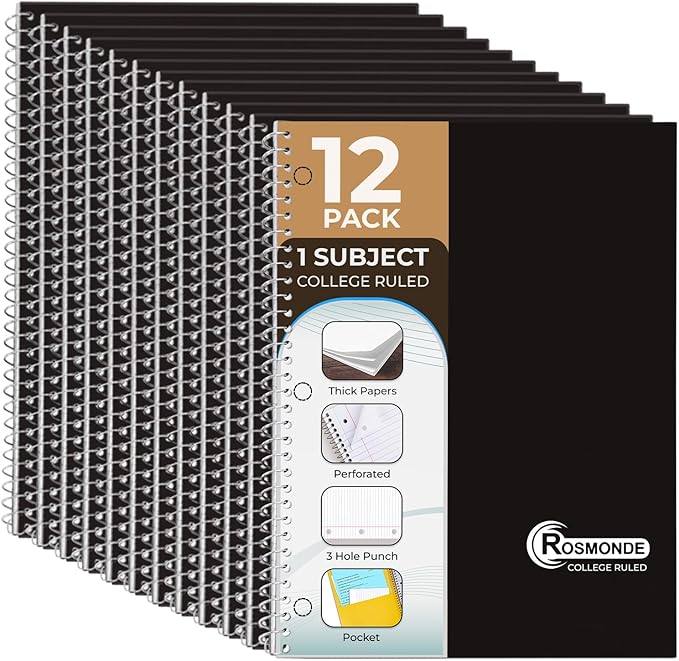 1 Subject Spiral Notebook, 12 Pack, College Ruled, Water Resistant Cover, Thick 140 Pages/Book (70 Sheets), 8 x 10-1/2, 3 Hole, Bulk School & Office, Black Cover-DeskLoop Office