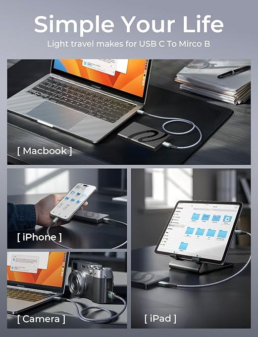 AINOPE External Hard Drive Cord 10Gbps Micro B to USB C External Hard Drive USB C to Micro B Cable Nylon Braided for MacBook Air/Pro, Seagate, WD Toshiba, SSD, iPhone, iPad, Camera, 1.6FT, Grey-DeskLoop Office