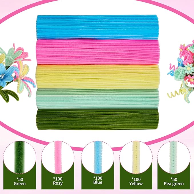 5 Mixed Macaron Colors Chenille Stems Bulk,400 Pcs Pipe Cleaners Craft with Floral Wires, Gardening Tape,Greeting Card,Bouquet Paper,Hot Glue Stick,Stamen & Ribbon,Ideals for DIY School Projects-DeskLoop Office