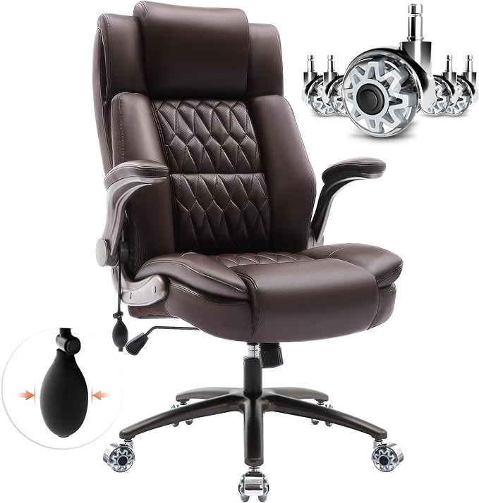 Large High Back Office Chair - Adjustable Lumbar Support Flip Up Arms Heavy Duty Quiet Wheels Metal Base Breathable Bonded Leather Ergonomic Executive Computer Desk Chair with Storage Bags, Brown-DeskLoop Office
