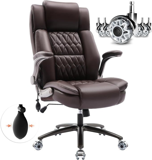 Large High Back Office Chair - Adjustable Lumbar Support Flip Up Arms Heavy Duty Quiet Wheels Metal Base Breathable Bonded Leather Ergonomic Executive Computer Desk Chair with Storage Bags, Brown-DeskLoop Office