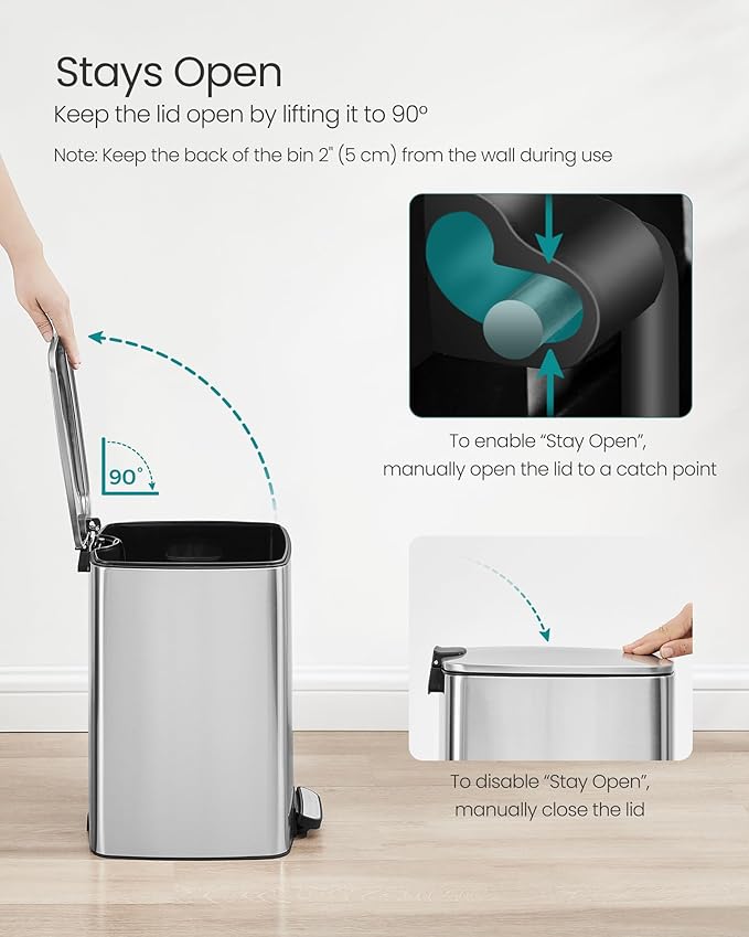 SONGMICS Kitchen Trash Can, 5.2-Gallon (20 L) Trash Bin, Stainless Steel Garbage Can, with Inner Bucket, Soft Close and Stays Open, Metallic Silver ULTB592E01-DeskLoop Office