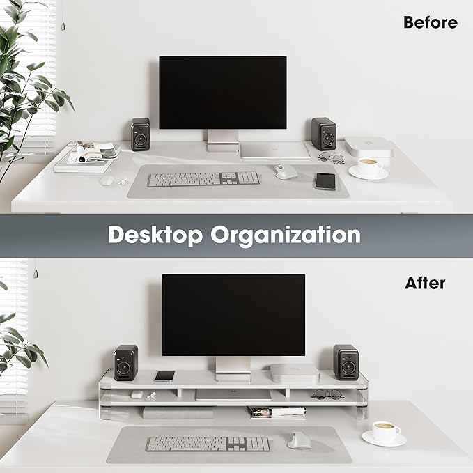 Fenge Acrylic Monitor Stand Riser, Clear Dual Acrylic Computer Monitor Stand for 2 Monitors, 2 Tier Wood Office Desk Storage Organizer for Laptop, Computer, TV Stand-DeskLoop Office