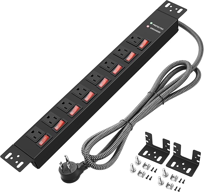 Rack Mount Power Strips,8 Outlet Strips Surge Protector with Individual Switches, PDU Power Strip for Server Racks, 14AWG Heavy-Duty Braided Extension Cord,2700J,15A 125V 1875W (10 FT Cable)-DeskLoop Office