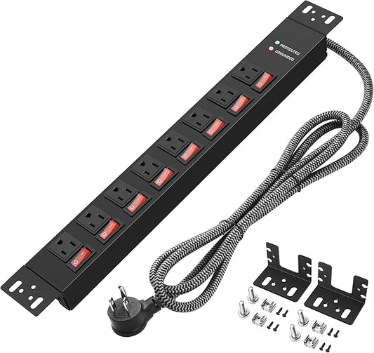 Rack Mount Power Strips,8 Outlet Strips Surge Protector with Individual Switches, PDU Power Strip for Server Racks, 14AWG Heavy-Duty Braided Extension Cord,2700J,15A 125V 1875W (10 FT Cable)-DeskLoop Office