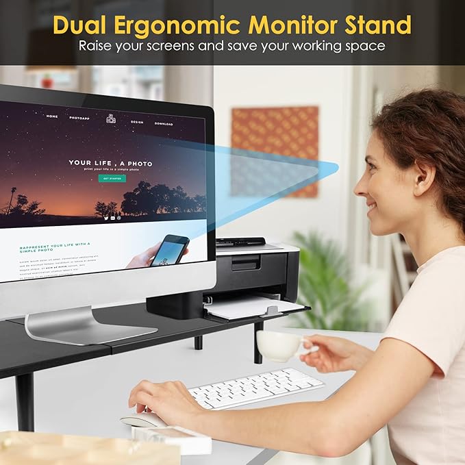 Dual-Monitor-Stand-Riser-For-Desk Adjustable Length 32-40 Inch,Large Desktop Computer Monitor Riser For 2 Screens,Desk Shelf Organizer Riser Stand For Computer/Laptop/PC/Printer/TV Black-DeskLoop Office