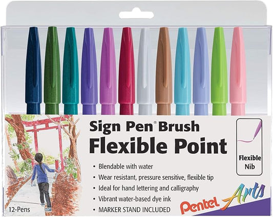 Pentel Arts Sign Pen Brush Tip, Assorted Colors, 12 Pack Box (SES15C2PC12)-DeskLoop Office