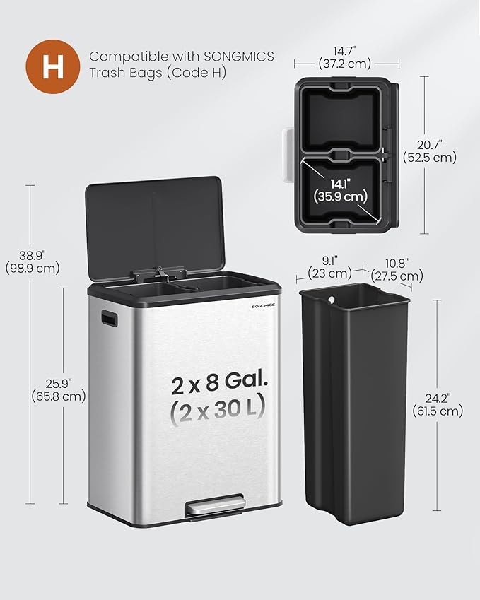 SONGMICS Trash Can, 2 x 8 Gallon (2 x 30 L) Double Garabge Can for Recycling and Waste, Stainless Steel, Soft-Close Lid, Inner Buckets, Wide Sturdy Pedal, Metallic Silver ULTB556E01-DeskLoop Office