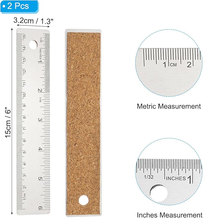 PATIKIL 6 Inch Stainless Steel Ruler Straight Edge Ruler, 2 Pcs Cork Backing Non-Slip Metal Ruler with Inches Centimeter Metric Measuring Tools for Office-DeskLoop Office