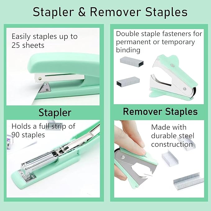 Green Desk Accessories, Pink Office Supplies Set with Stapler, Tape Dispenser, Staple Remover, Pen Holder, Scissor, Binder/Paper Clips, Ballpoint Pen, Clear Tape and 1000pcs Staples-DeskLoop Office