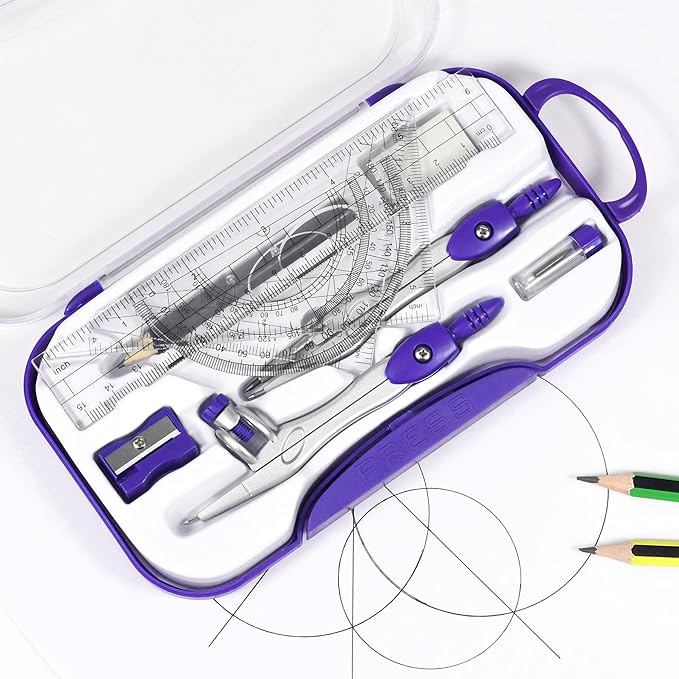 Math Geometry Kit Sets 10 Piece Student Supplies with Shatterproof Storage Box,Includes Rulers,Protractor,Compass,Eraser,Pencil Sharpener,Lead Refills,Pencil,for Drafting and Drawings(Purple)
