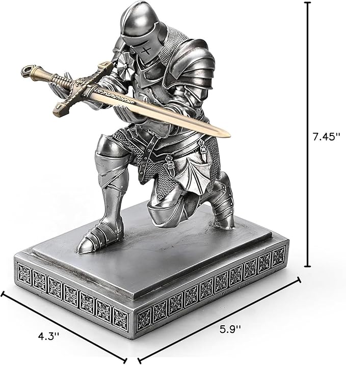 Medieval Armored Warrior Knight Pen Holder Desk Organizers and Accessories Resin Pencil Holder Paperweight as Gift with a Cool Letter Opener for Desk (Silver)-DeskLoop Office