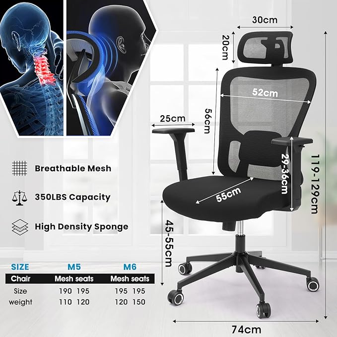 Ergonomic Office Mesh Chair, High Back Swivel Comfty Desk Chairs- 3D Armrest Adjustable Lumbar Support Capacity 400lbs and Headrest Wide for Home & Office, Bedroom (Black)-DeskLoop Office