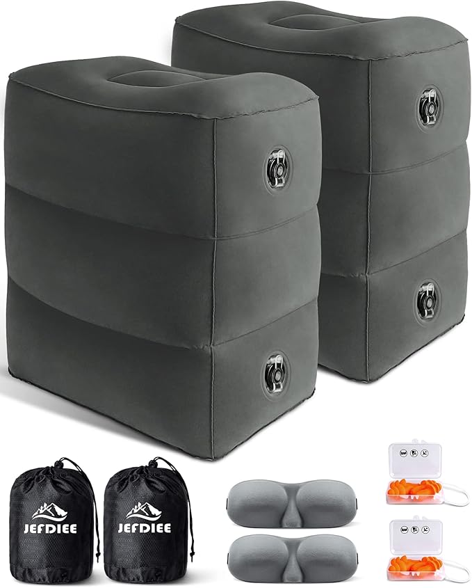 JefDiee Inflatable Travel Foot Rest Pillow, Kids Airplane Bed, Adjustable 3 Layers Height Leg Rest Pillow, Adults Travel Essentials Great for Airplane, Office, Home, Trains, Cars (2 Pack-Dark Grey)-DeskLoop Office