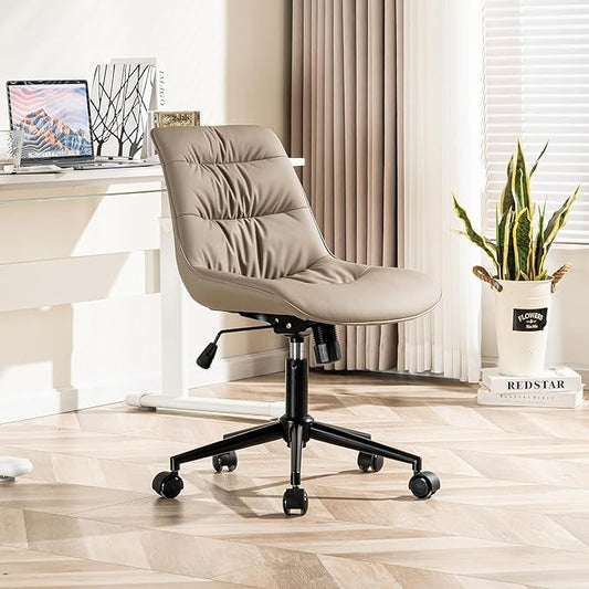 Kidol & Shellder Faux Leather Office Chair, Adjustable Swivel Height Task Chair, Rolling Wheels & Soft Backrest - Armless Ergonomic Desk Chair for Home, Office,Vanity,Gaming(Khaki)-DeskLoop Office