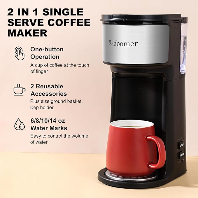 K Cup Coffee Maker, Single Serve coffee machine or Ground Coffee Machine 2 in 1, 6 to 14 Oz Brew Sizes, Mini One Cup Coffee Maker with Self cleaning Function, Fits Travel Mug, Black-DeskLoop Office
