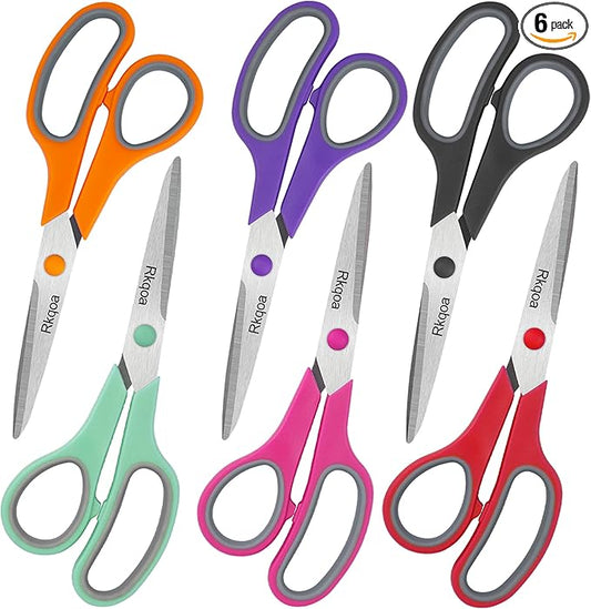 Scissors, Rkqoa 8" Adult Scissors All Purpose 6 Pack - Comfort-Grip Sharp Shears for Office School Sewing Fabric Craft Art Supplies, Teacher/Class Everyday Use, Right/Left Handles-DeskLoop Office