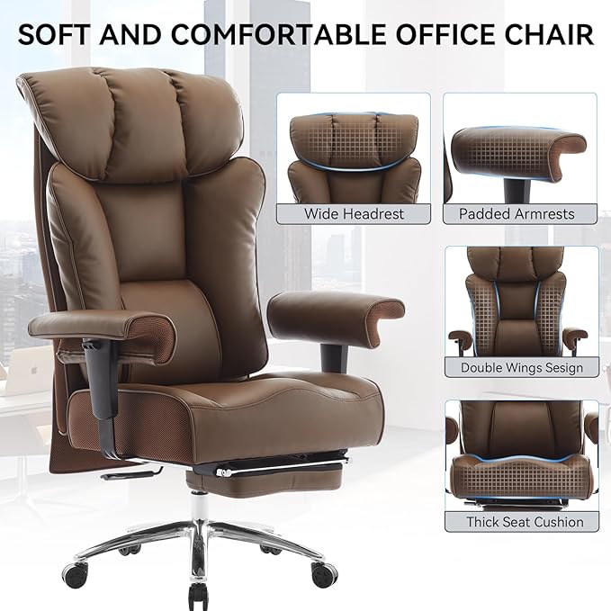 Big and Tall Ergonomic Office Chair 450LBS with Foot Rest, High Back PU Leather Executive Chair with Adjustable Padded Armrests, Lumbar Support for Home or Work, Heavy Duty Computer Chair, Brown-DeskLoop Office