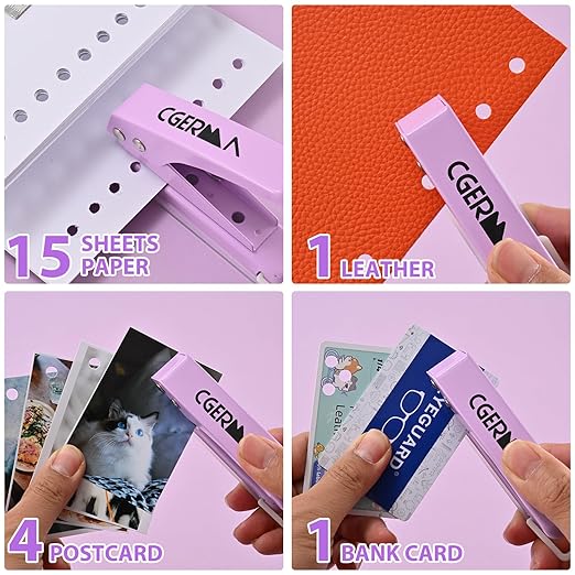 Single Hole Puncher, 1/4" Hole, 50% Labor Savings, Heavy Duty Metal Punch, 15 Sheet Capacity, for ID Cards, Chipboard, Art Project, Crafts Easy Punching, Purple-DeskLoop Office