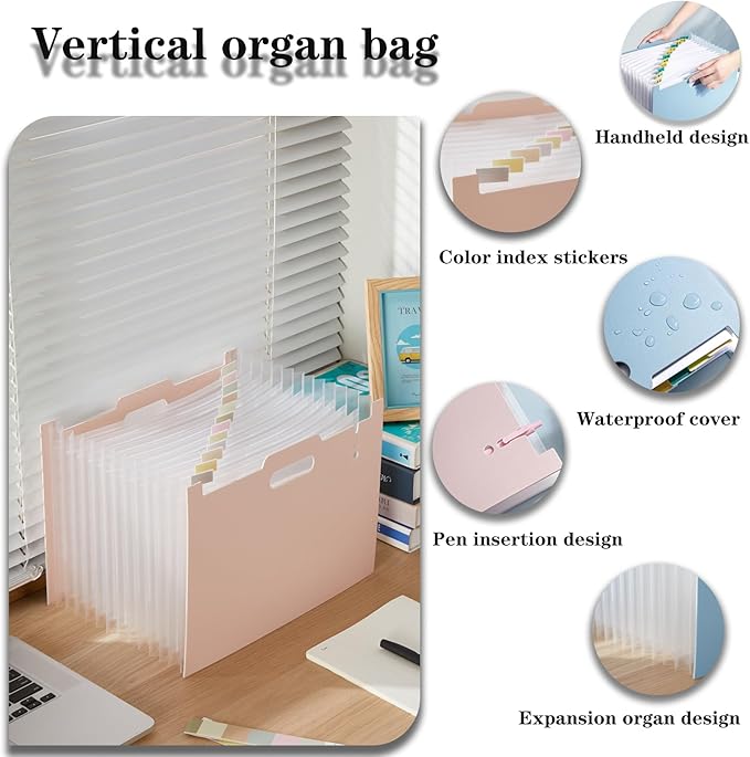 2-Piece Accordion Folder Manager, 12 Grid Expansion Pages, Portable Monthly Bill and Receipt Manager That Opens Upright, Colored Labels, School, Home, and Office letterhead/A4 Size, Pink-DeskLoop Office