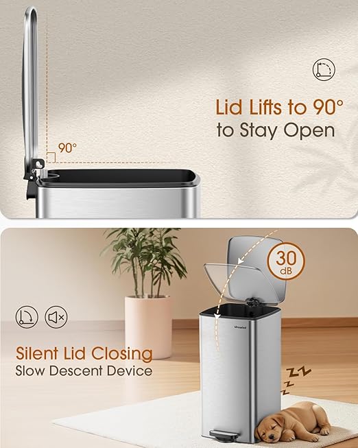 Lovewind Kitchen Trash Can with Lid, 8 Gallon/30 L Footstep Garbage Can for Kitchen Bedroom Home Office, 30 Liter Trash Bin Brushed Stainless Steel Waste Bin with Soft-Close Lid,Silver-DeskLoop Office