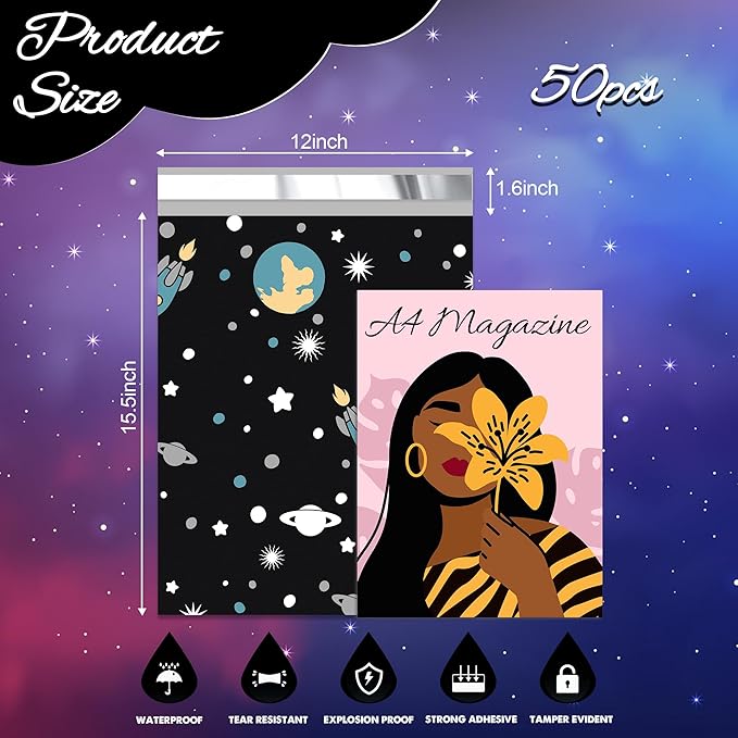 Planets Poly Mailer 12x15.5 Inch 50 Pcs, Waterproof Shipping Bags for Clothing, Tear-Resistant Mailier Bags, Strong Mailing Bags with Self-Seal-DeskLoop Office