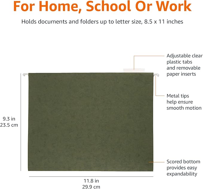 Amazon Basics Hanging Organizer File Folders for Efficient Filing, Sturdy, Adjustable Tabs, Letter Size, Pack of 25, Green-DeskLoop Office