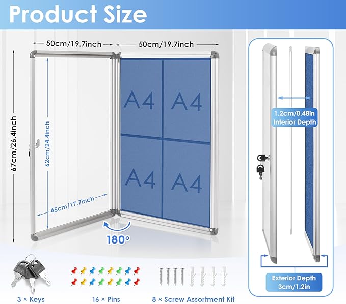 SWANCROWN Lockable Notice Board Tamperproof Enclosed Display Board for Home Office School,Wall-Mounted,Blue Fabric,26x20inch(4xA4)-DeskLoop Office