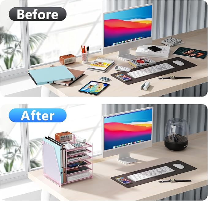 gianotter Desk Organizers and Accessories, 6-Tier Paper Organizer with Magazine rack, File Organizer for Desk, Desk Organizers for Women, Pink Office Decor (Pink)-DeskLoop Office