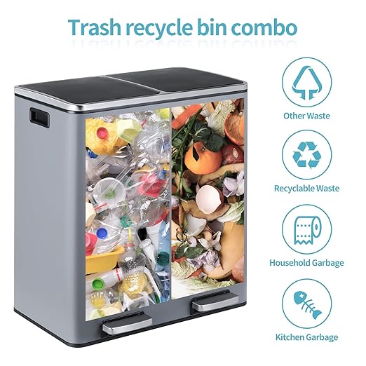 16 Gallon Rectangular Stainless Steel Trash Can, Dual Compartment Garbage Bin with Recycling Combo, Metal Dustbin Lid, Removable Liner, Indoor Hands Free Waste Bucket for Kitchen Home-DeskLoop Office