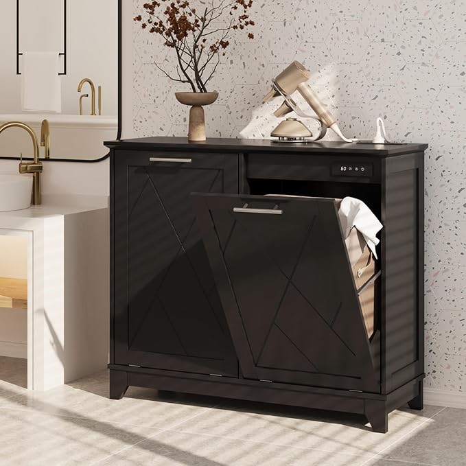 20 Gallon Tilt Out Trash Cabinet, Kitchen Trash Can Cabinet w/Negative ion and deodorizing Function, Dog Proof Garbage Can Cabinet for Kitchen, Bathroom, Living Room, Black-DeskLoop Office