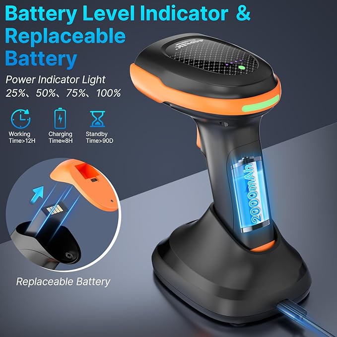 AGPTEK Bluetooth & 2.4GHz Wireless Barcode Scanner with Patented Color Light Technology for Color Barcodes, 2D/1D QR Code Reader, Customizable Settings & Wireless Charging Cradle-DeskLoop Office