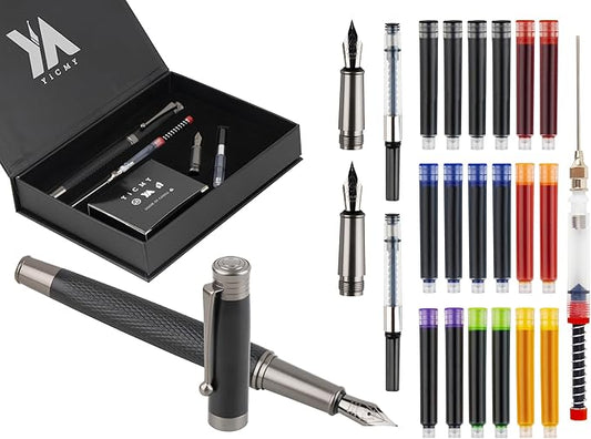 Fancy Fountain Pen Set – Fine & Medium Nibs, Includes 18 Ink Cartridges, Ink Converter, Syringe Filler, Luxury Gift for Writing, Journaling & Calligraphy,Black-DeskLoop Office