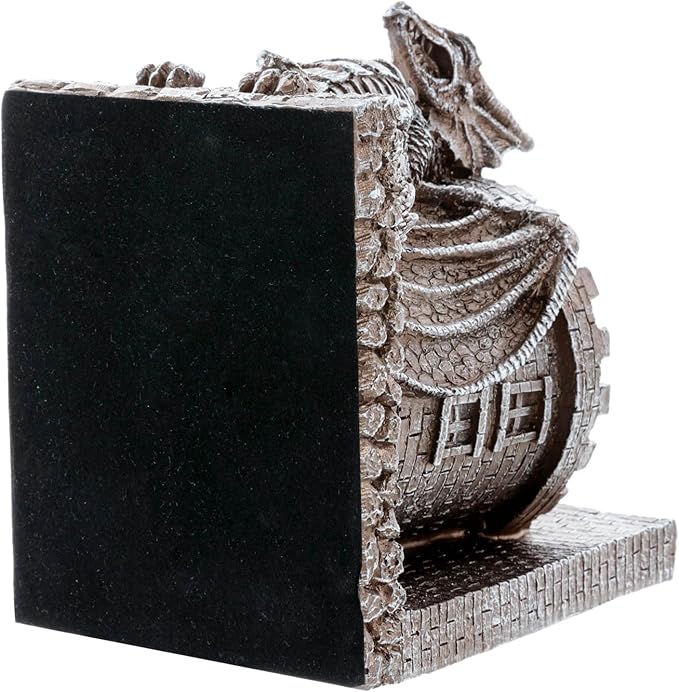 MyGift Gothic Brown Resin Dragon Guarding Castle Pencil Cup Bookends, Office Desk Book Ends with Decorative Fantasy Dragons and Stone Tower Pen Holders, 1 Pair-DeskLoop Office