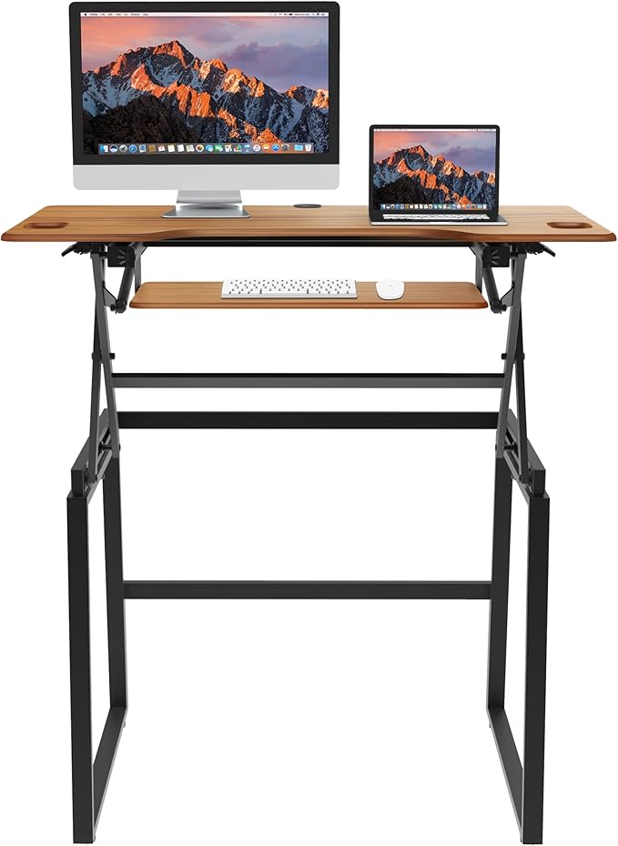 Rocelco 46" Large Height Adjustable Standing Desk BUNDLE - Quick Sit Stand Up Dual Monitor Riser - Gas Spring Assist Computer Workstation - Retractable Keyboard Tray - Teak wood Grain (R DADRT-46-FS2)-DeskLoop Office