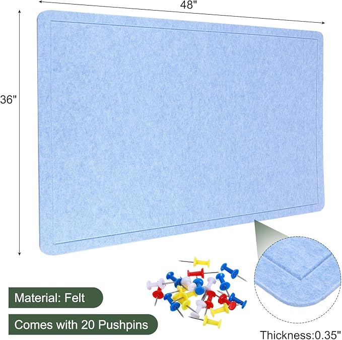 YOKIVE Felt Bulletin Board, 48 x 36 -Inch Foldable Decorative Pin Board Self Adhesive Felt Cork Board with 20 Pushpins, Great for Wall, Photo Display, Paste Note, Schedule(Blue)-DeskLoop Office