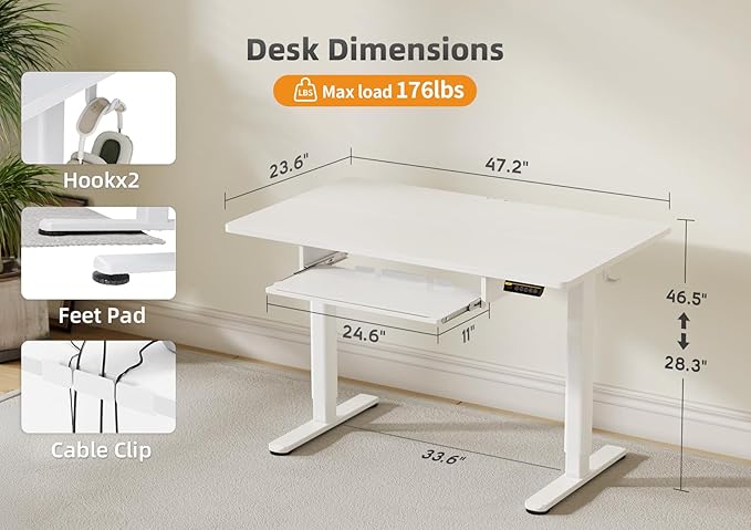 YDN Standing Desk with Keyboard Tray, 48 Inch Height Adjustable Desk with Cable Management, White Stand Up Desks for Home and Office, White-DeskLoop Office