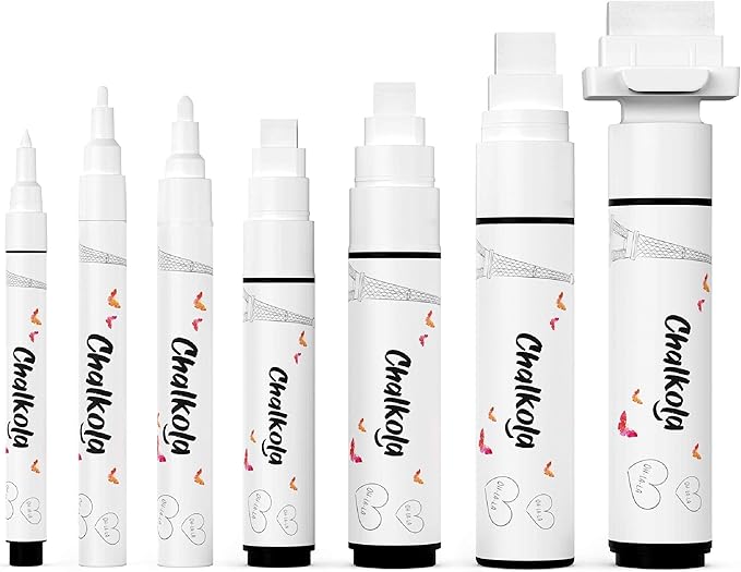 7 White Chalk Markers for Chalkboard Signs, Blackboard, Car Window, Bistro, Glass | 7 Variety Pack - Thin, Fine Tip, Bold & Jumbo Size Erasable Liquid Chalk Pens (1mm, 3mm, 6mm, 8mm, 10mm, 15mm, 30mm)-DeskLoop Office
