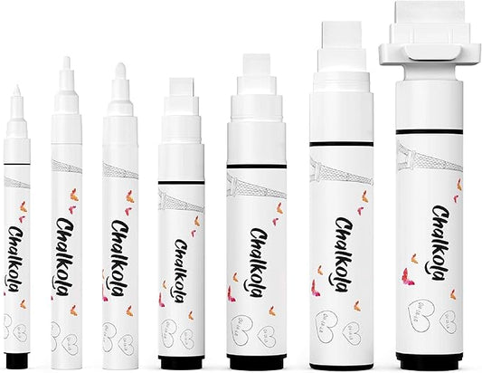 7 White Chalk Markers for Chalkboard Signs, Blackboard, Car Window, Bistro, Glass | 7 Variety Pack - Thin, Fine Tip, Bold & Jumbo Size Erasable Liquid Chalk Pens (1mm, 3mm, 6mm, 8mm, 10mm, 15mm, 30mm)-DeskLoop Office