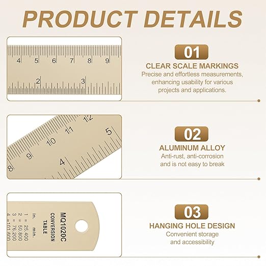 HARFINGTON 4pcs Metal Straight Ruler 15cm Metric SAE Aluminum Alloy Measuring Rulers Scale Tool with Hole for Measure Study Reading Classroom Office, Beige-DeskLoop Office